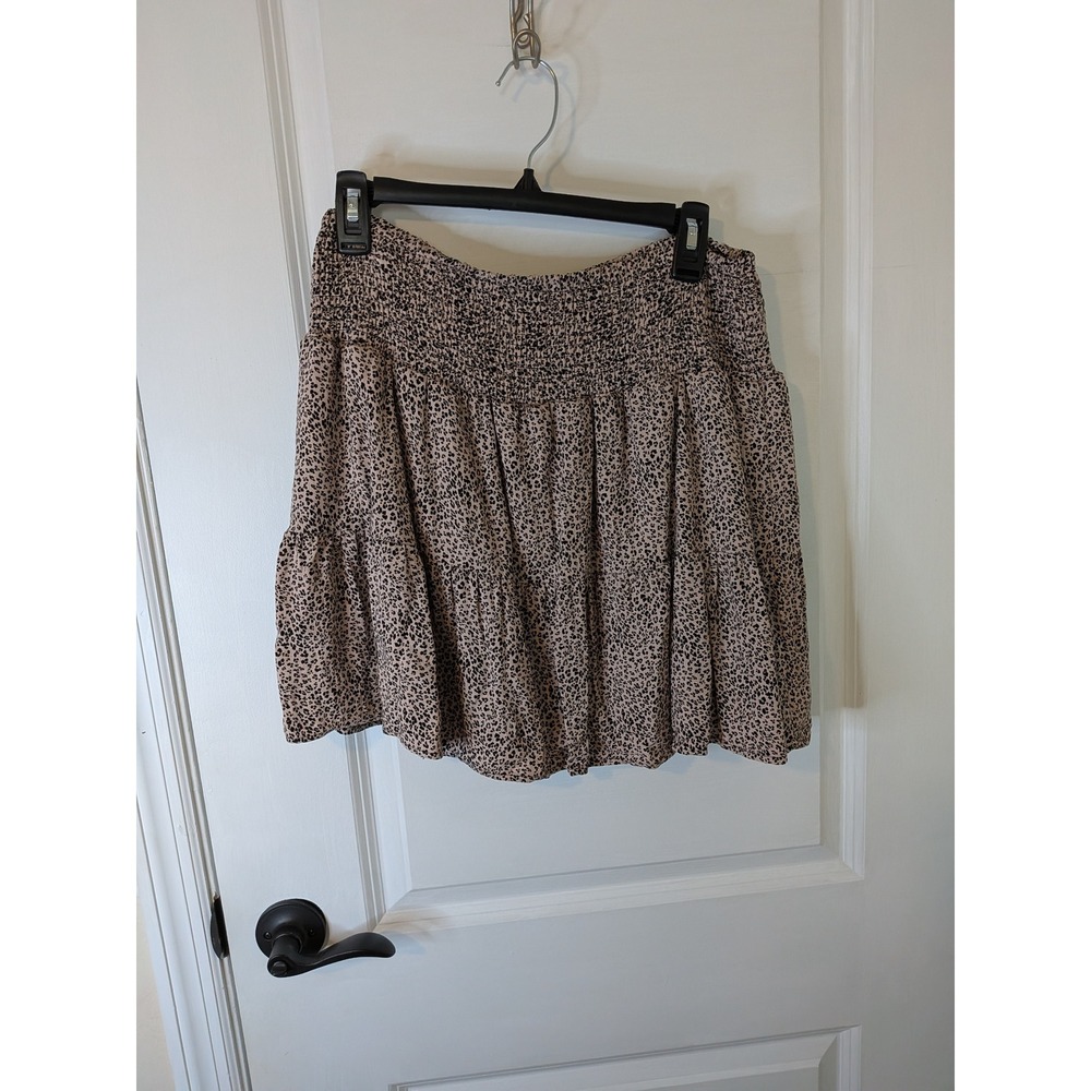 Urban Romantics Leopard Print Smocked Tiered Mini Skirt Tan Black Large